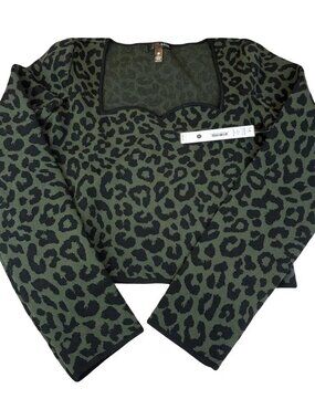 Aqua Leopard animal print Jacquard Women Long Sleeve Top Black and Green